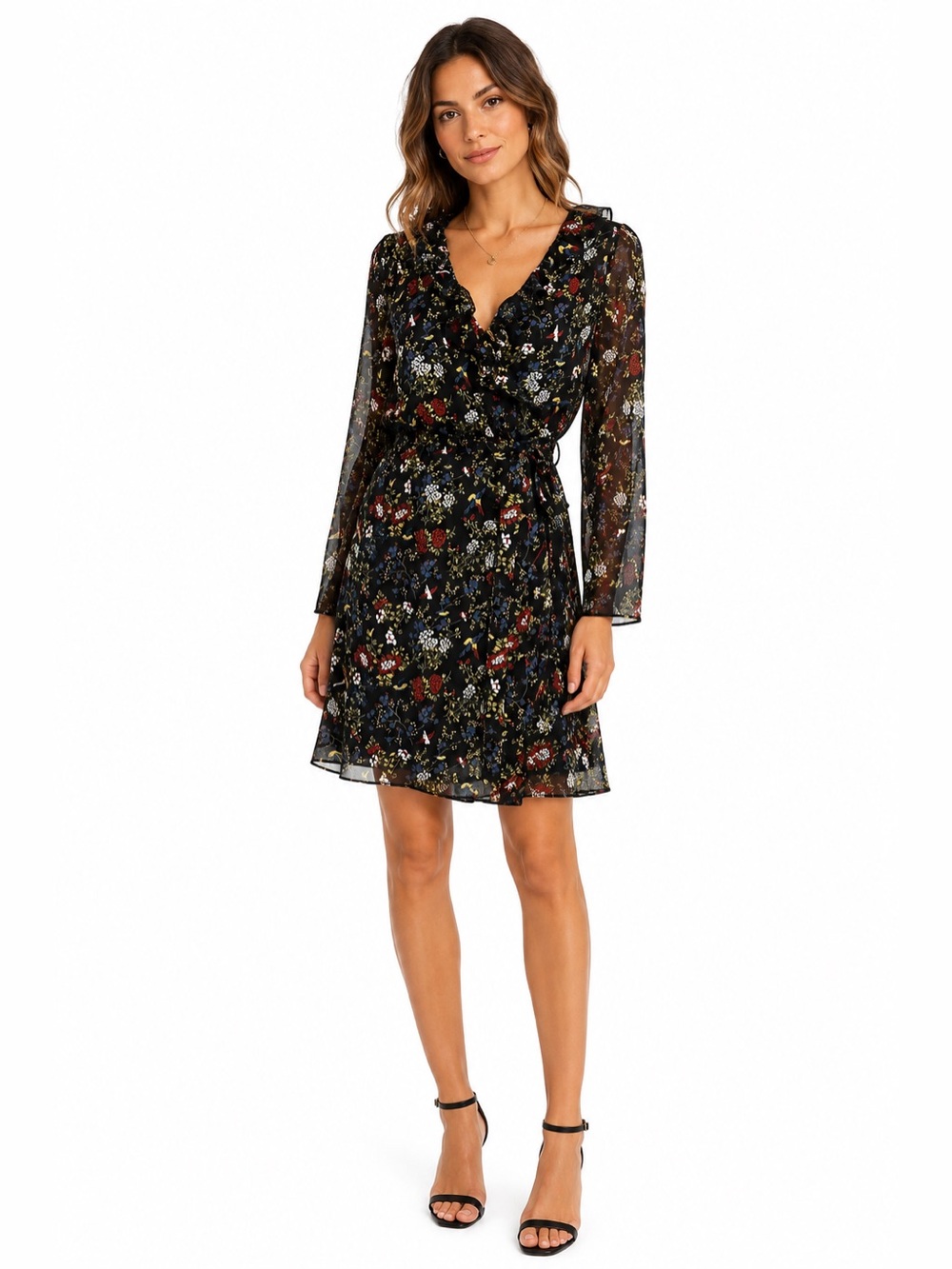 Madewell Finch Floral Wrap Dress Black Ruffle Sheer Sleeve Size M